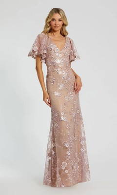 Mac Duggal Nude Rose Pink Mauve Embellished Lace V Neck Gown Size 8 $498