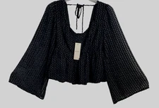 Du Paradis Anthropologie Black Long Sleeve Top Velvet Accents Sz Small