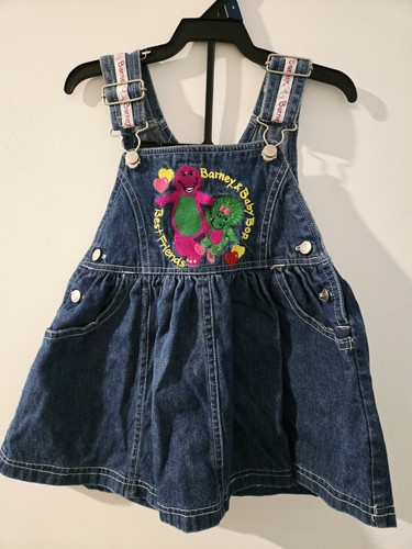 Vintage Barney Baby Bop 90s Y2K denim Dress Shortalls blue kids size 2T