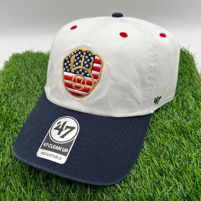 '47 Milwaukee Brewers Patriotic Flag Fill White Navy Clean Up Strapback Dad Hat