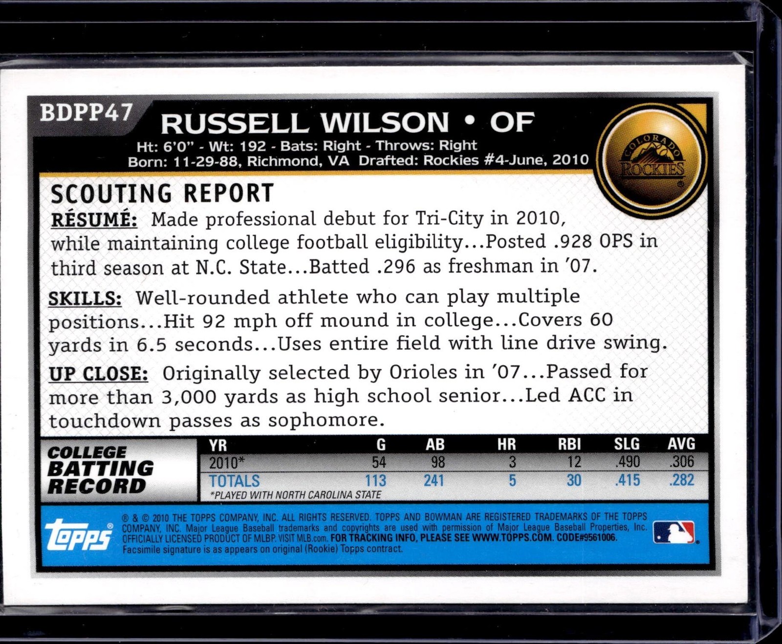 2010 Bowman Draft Picks & Prospects #BDPP47 Russell Wilson Prospects