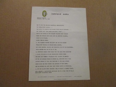 ABA Oakland Oaks Vintage Defunct Dated 1969 Team Logo Radio TV Release