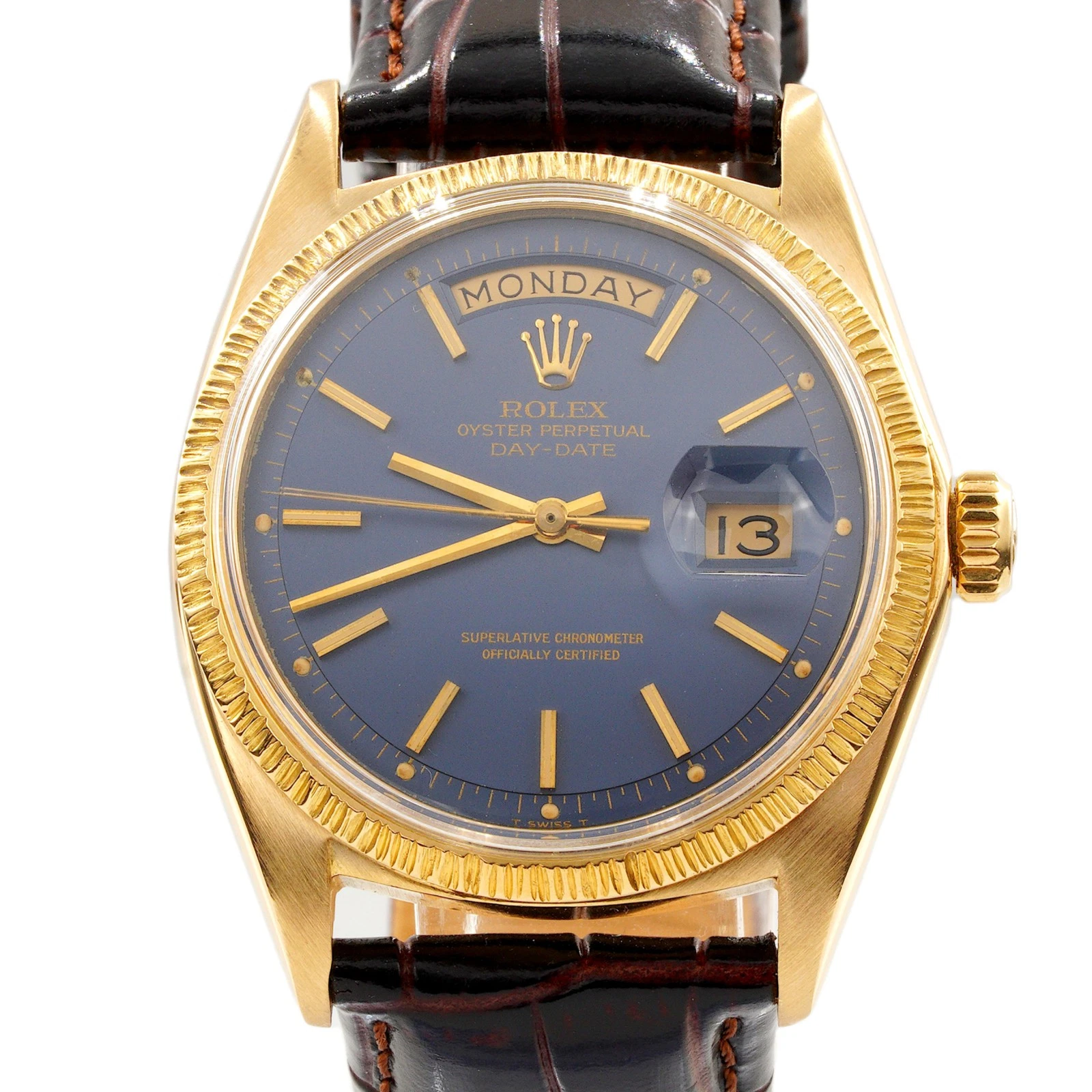 Rolex — Mens Rolex 18K Yellow Gold Day-Date Bark Bezel Watch with Blue Dial 1807
