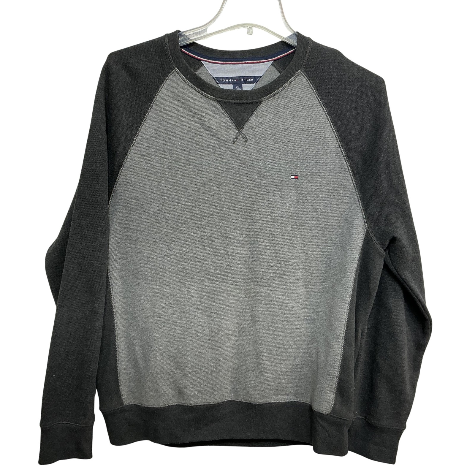 Tommy Hilfiger Sweater Mens Large Gray Black Crewneck Pullover Logo Cotton Blend