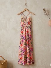 Farm Rio Sand Fairies Lace Trim Slip Midi Dress NWT Small Beige Pink Multicolor
