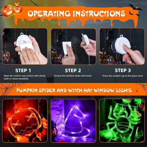 Halloween Window Decorations 3 Pack Orange Pumpkin Green Spider Purple Witch Hat - Picture 7 of 13