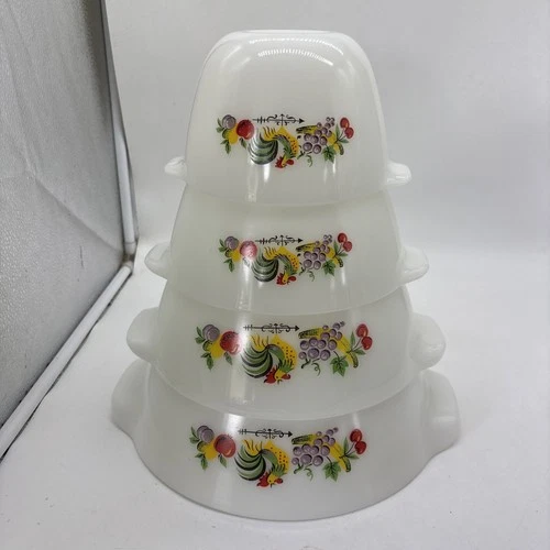 Vintage Fire King Chanticleer Rooster Set Of 4 Nesting Mixing Bowls Great Cond.