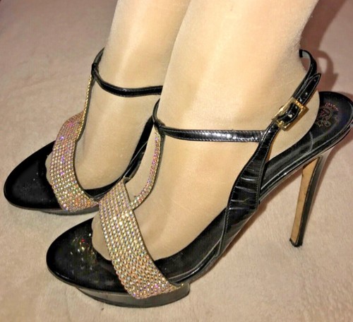 Gina Black Leather Crystal T Strap Platform Ankle Strap Buckled Sandals Size 8 - Picture 3 of 13