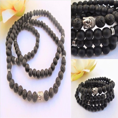 8mm Black Onyx Gemstone Lava Stone 108 Mala Bracelet Men's Gift - Imagen 4 de 4