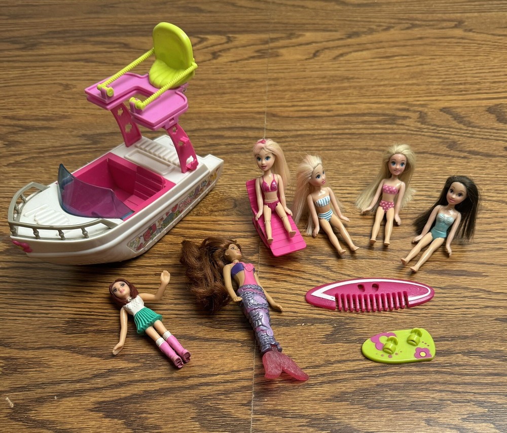 2009 Mattel Polly Pocket Tropical Splash Adventure Boat on Wheels, 6 Dolls