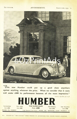 1939 HUMBER SUPER SNIPE  - VINTAGE Original Print Advert