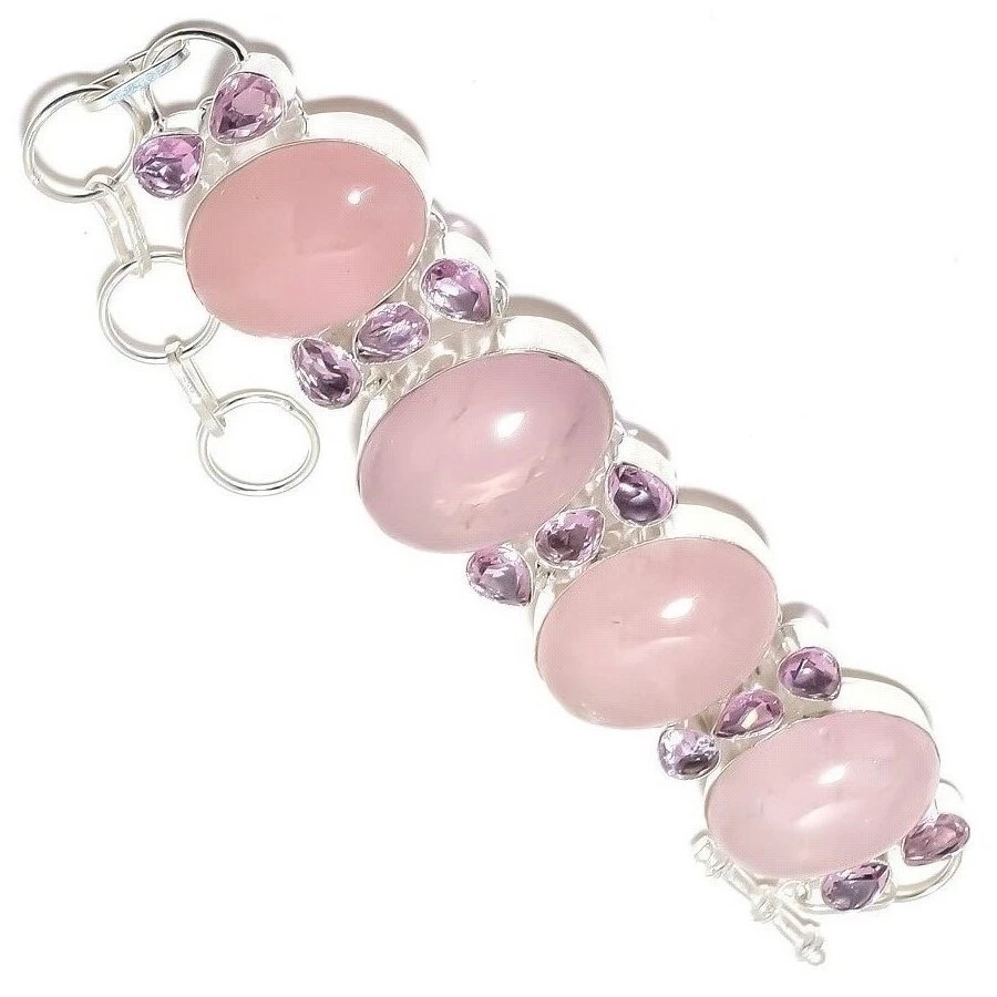 Этнический браслет ручной работы из стерлингового серебра 925 пробы с розовым кварцем и драгоценными камнями 8 дюймов - Изображение 3 из 4