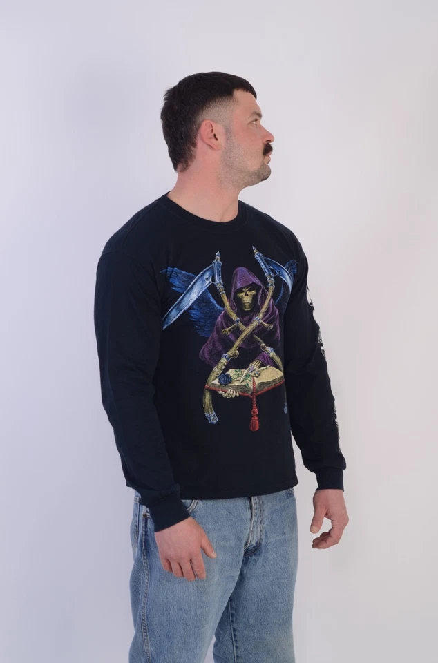 Винтажная мужская черная хлопковая футболка с логотипом черепа Alchemy Gothic с длинным рукавом размер M - Изображение 2 из 4