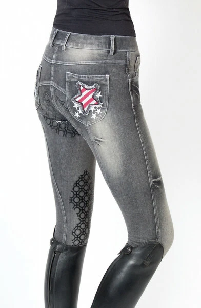 PFIFF Jeans Reithose "Starshine" denim schwarz mit Grip Besatz used look - Bild 2 von 4