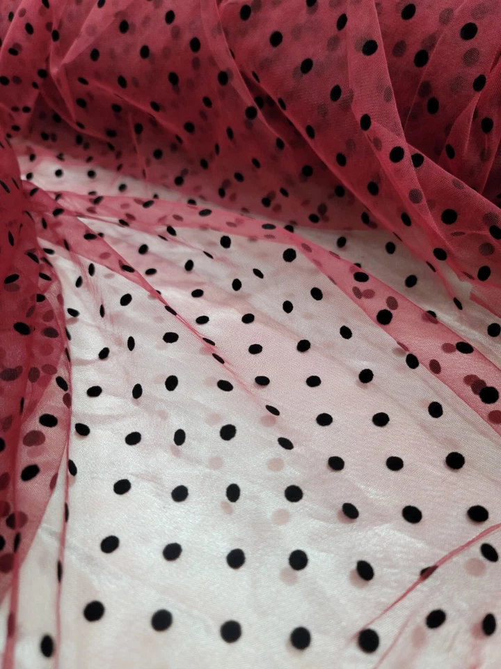 Polka Dot TULLE, Fabric By The Yard Burgundy Tulle Velvet Black Polka-dot  - Image 4 of 4