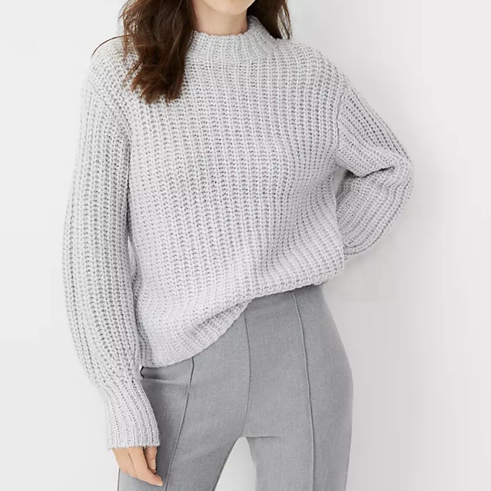 Pull Col Cheminée ANN TAYLOR En Laine Et Cashmere - Rayures Grises Et Blanc Cassé - Taille S