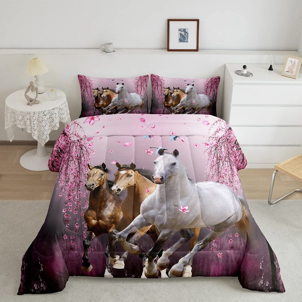 Boys Horse Twin Size Comforter Set Cherry Blossom Branches Steed