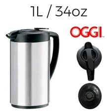 OGGI Thermal Vacuum Carafe 1L Stainless Steel Silver 34oz Press Button Top Oval