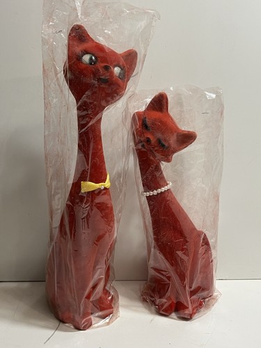 Vintage 1960’s Red Flocked Cat Figures Made In Hong Kong - Bild 3 von 9