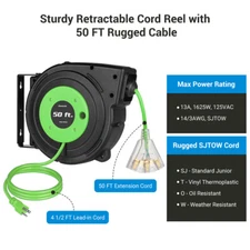 DEWENWILS 50FT Retractable Extension Cord 125V Power Cord Reel 14AWG/3C SJTOW
