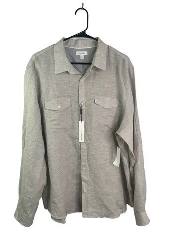 Men’s Calvin Klein Beige/White Stripe Check Linen Blend Button Down Shirt Sz XL - Picture 3 of 11