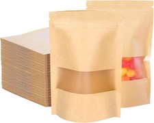 100 Pcs Kraft Pouches With Window, Kraft Bags with Resealable, Stand Up Food Ba