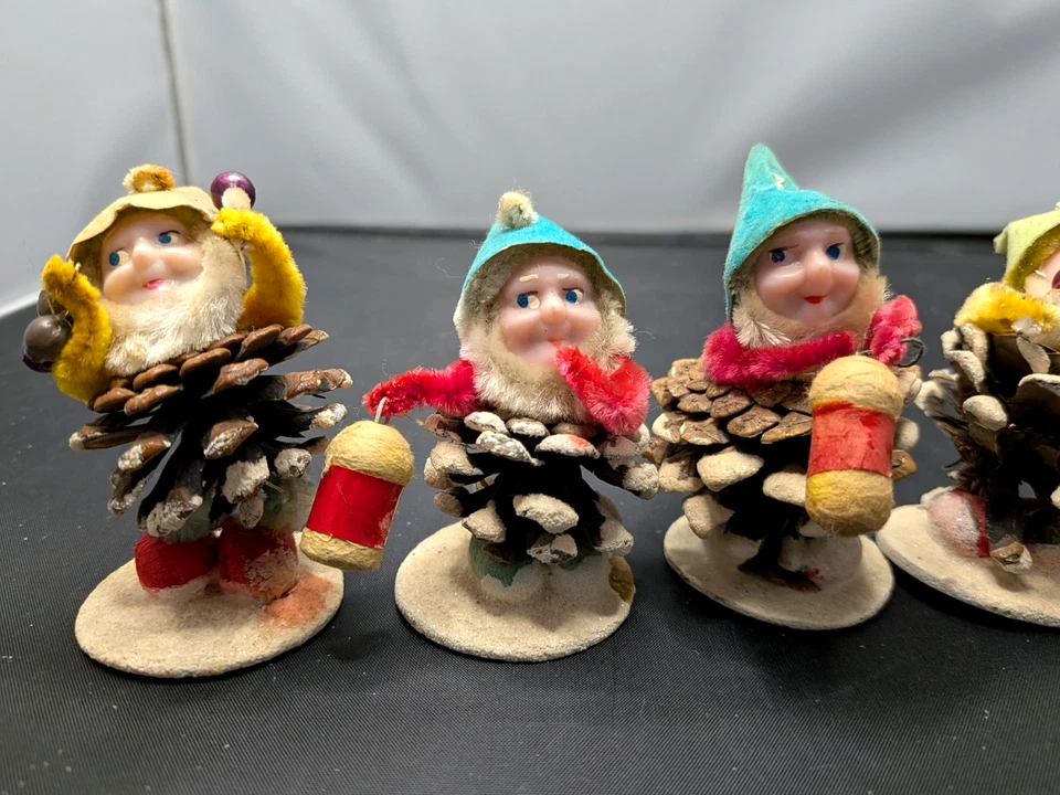 Charming 1950's Shiny Brite 6pc Pine Cone Dwarf Putz Chenille Elf Figures Japan - Image 2 of 4