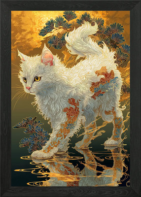 Verzierte weiße Katze im japanischen Stil gerahmtes Wandbild Poster Leinwanddruck Bild