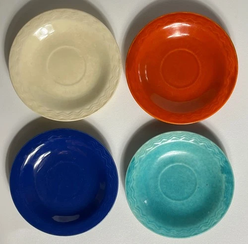 4 Red Wing Pottery Gypsy Trail Chevron 5.75" Saucers ~ Cobalt Turquoise Orange