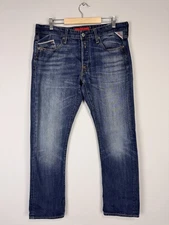 Vintage Replay Waitom Blue Straight Denim Button Fly Jeans W34 L32