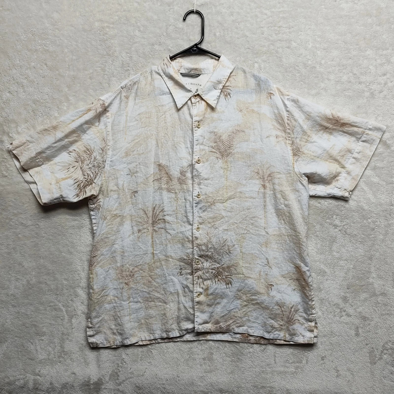 Tommy Bahama Linen Hawaiian Shirt Men's XL White Beachy Tropical Palm Tree Aloha