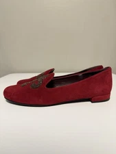 Stuart Weitzman Lys Scarlet Suede Fleur De Lis Red Flats Loafers US 8 M