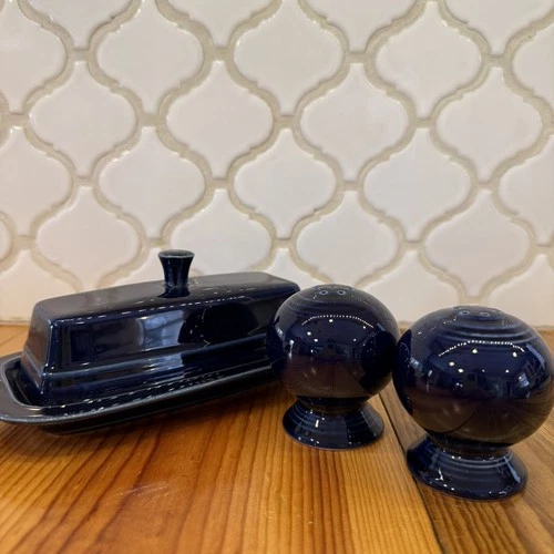 Set 3 HLC Fiesta USA Cobalt Blue Butter Dish Salt Pepper Shakers  Fiestaware