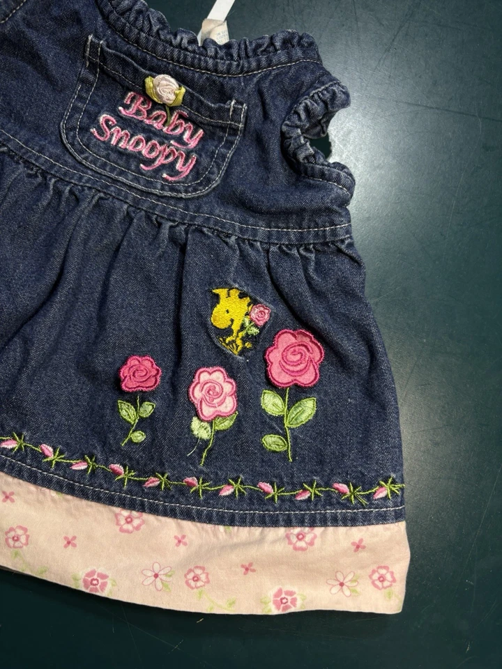Vestido Mono Jean Floral Denim Vintage Bebé Snoopy Niña Infante 6/9 Meses Raro Foto 3 de 4