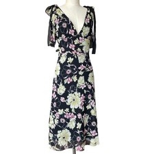 Y2K Floral Feminine Midi Dress Size 6 Delicate Flare sleeve faux wrap whimsical