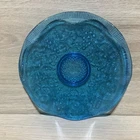 VTG Capri Blue Glass Plate Bowl Grapes & Ivy Pattern Ruffle Rim Depression 6.5”
