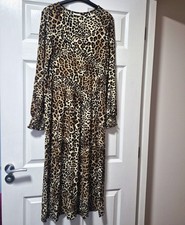 JDY Leopard Print Smocked Woven Polyester Midi Dress Long Sleeve Round Neck M