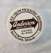 Vintage 3" Paperweight Coaster w Anderson Bros Ice Cream Packaging Machinery Adv