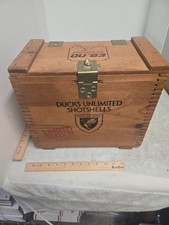 vintage 12 ga shotgun shell wood box, & tackle boxes, 1983, ducks unlimited,