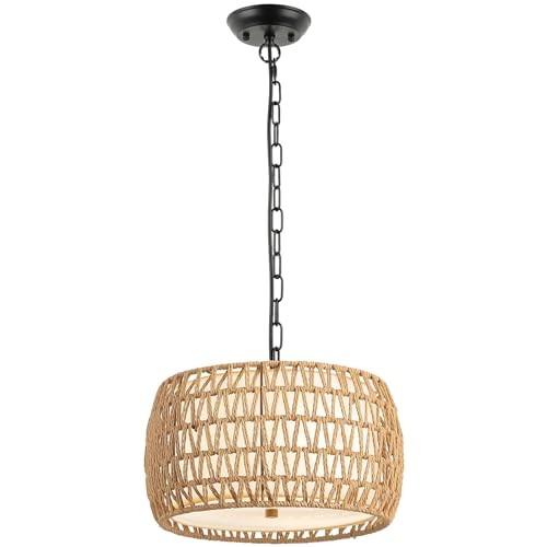 12.4'' 3-Light Rattan Chandelier with Fabric Shade, Dining Room Light