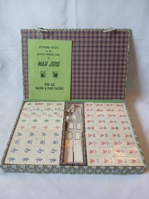 Mahjong Set 152 Knochen & Bambus Fliesen Orientalisch Grün Etui Spielmarken Mah Jong Jongg