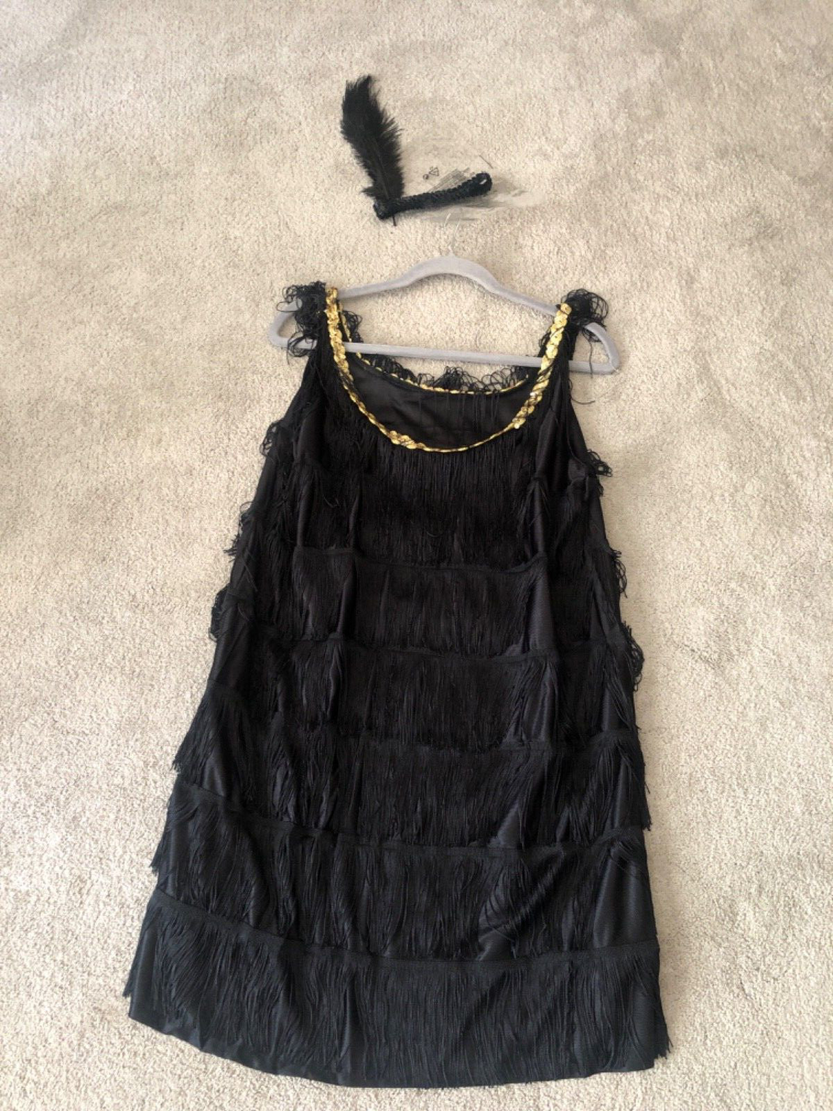 FLAPPER sexy Black Fringe Dress Roaring 20's  Halloween Costume Adult M/L Medium
