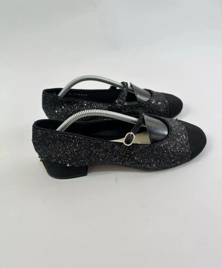 Chanel Brillo Grosgrain Puntera Mary Jane Plana Gris Talla 38 EU Foto 2 de 4