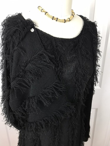 NWT CHASER WIDE NECK RAGLAN L/S SWEATER DRESS VERTICAL FRINGE BLACK SIZE S - Picture 4 of 12