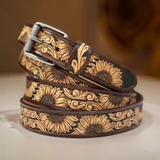 Full Grain Leather Hand Tooled Western Belt Cowboy Rodeo Removable Buckle