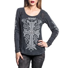 Affliction Women Panel Shirt Lace Trim Shoulder Cross L/s in Black Lava Wash