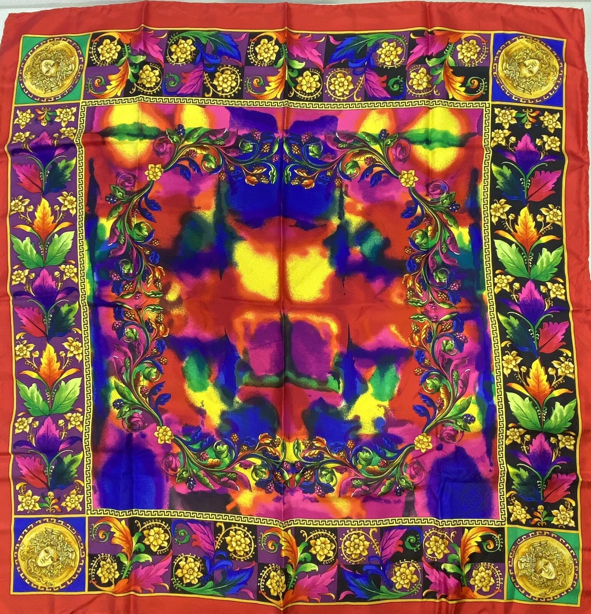 Vtg Gianni Versace Multicolor Floral Medusa Print Silk Scarf