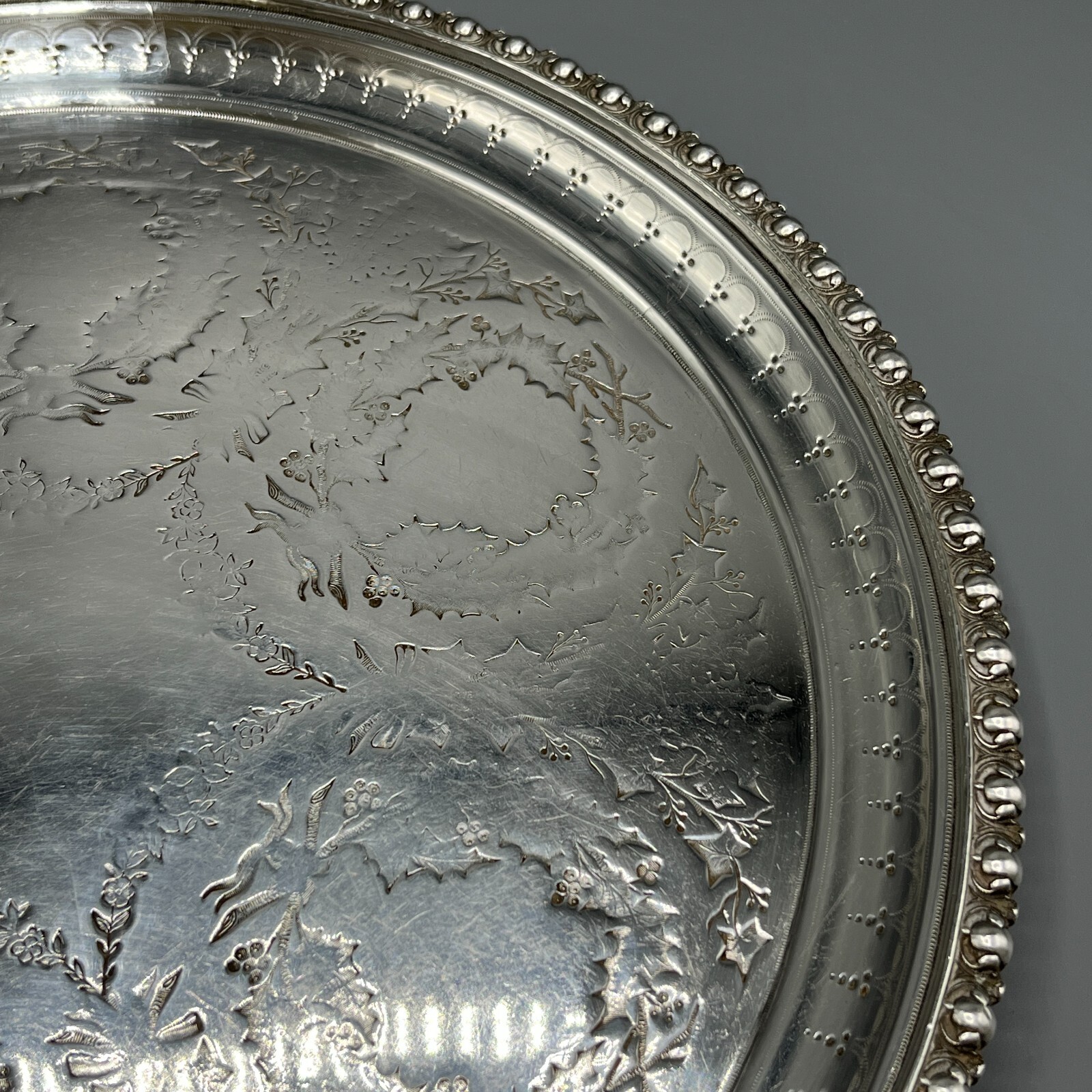 Antique Victorian Silver Plate Waiter Tray Salver Round 19thC Xmas Holly Wreaths