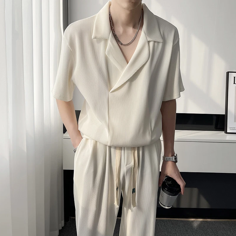 Leisure Casual Two Piece Mens Walking Outfit For Sale Pant Sets Suit Shirt & Pleated Pants Black Short Sleeve Casual Sets main image 1