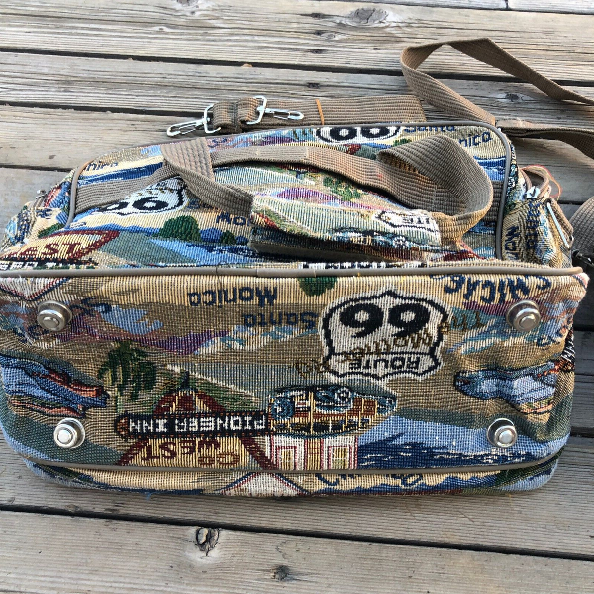 Vtg Pioneer Express Bags Route 66 Tapestry Travel Weekender